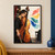 Adult woman cellist leaning toward a wooden cello, with five colorful translucent shapes floating to the right.; frame shown for styling only