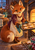 Ginger-orange fox baker in a light apron holds a tray of star biscuits beside a glowing oven.