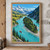 Elevated view of a turquoise branching river around a forested island, with a small red canoe beneath snow-capped alpine peaks.; frame shown for styling only