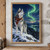 Grey-and-white husky in a rust-red scarf standing on snow beneath a green aurora, with dark firs and distant mountains.; frame shown for styling only