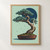 Juniper bonsai in an oval terracotta-and-dark pot, with twisting trunk, blue-green foliage and exposed deadwood against a dark blue circle.; frame shown for styling only