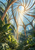 Upward view inside a glass greenhouse atrium, with copper-toned roof ribs around a bright circular opening and lush plants below.