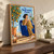 Adult woman holding a cup in a cobalt armchair beside a potted orange tree, with a cat on the rug and title lettering above.; frame shown for styling only