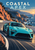 Turquoise coupe with a helmeted driver on a coastal hairpin beneath COASTAL APEX lettering, with orange cliffs and a distant lighthouse.