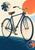 Antique-style navy bicycle with brass headlamp and two circular mechanical detail insets against a coral and ivory background.