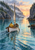 A seated fisher in a yellow jacket rides in a small wooden boat toward a sunrise opening between steep cliffs, reflected in turquoise harbor water.
