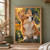 Russet-and-cream corgi with upright ears seated on a garden stone against softly blurred green foliage and warm flowers.; frame shown for styling only