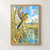 Yellow and olive wagtail perched with wings spread on a reed as a dragonfly flies nearby above marsh water.; frame shown for styling only