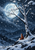 Snow-covered birch with dark branches before a luminous icy blue moon, distant mountains and forest, and a small reddish fox at its base.
