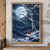 Snow-covered birch with dark branches before a luminous icy blue moon, distant mountains and forest, and a small reddish fox at its base.; frame shown for styling only