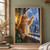 Fluffy ginger cat on a windowsill raising one paw toward a rain-streaked arched window, with a leafy plant and city view.; frame shown for styling only