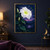 Large white moonflower-like bloom and climbing leafy vine with buds beside three glowing fireflies, a distant lake and dark twilight trees.; frame shown for styling only