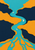 Abstract overhead view of a turquoise winding river between saffron-orange and deep navy landforms, with three cream islands.