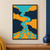 Abstract overhead view of a turquoise winding river between saffron-orange and deep navy landforms, with three cream islands.; frame shown for styling only