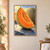 Orange-coral cantaloupe wedge with a pale seed cavity in front of a whole netted melon, with droplets on a cool stone surface.; frame shown for styling only