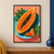 Lengthwise-open orange papaya with dark seeds, a separate wedge and green leaves on a turquoise plate against a coral background.; frame shown for styling only