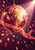 Faceted peach, magenta, and gold disco ball with a curling coral ribbon and bright starburst against deep plum.