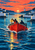 Red skiff carrying two boaters, one holding a glowing lantern, on sunset water between white seawalls, with a distant lighthouse.
