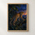Spotted leopard-like cat standing on a branch at dusk, framed by jungle leaves, with a crescent moon and sunset horizon.; frame shown for styling only