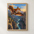 Red fox wearing a fabric wingsuit gliding above a canyon and turquoise river toward a distant signal flag.; frame shown for styling only