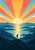 Small figure raising one arm toward a large sunrise above layered ridges and water, with coral, gold, and aqua rays.