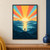 Small figure raising one arm toward a large sunrise above layered ridges and water, with coral, gold, and aqua rays.; frame shown for styling only