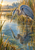 Blue-gray heron leans over a reflective marsh pool with its bill aimed toward water rings, framed by reeds and warm sunlight.