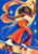 Smiling roller dancer in orange flared trousers and white quad skates, sweeping a multicolor scarf against a cobalt background with starbursts.