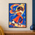 Smiling roller dancer in orange flared trousers and white quad skates, sweeping a multicolor scarf against a cobalt background with starbursts.; frame shown for styling only