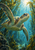Patterned sea turtle swimming diagonally upward through sunlit turquoise water, with kelp, bubbles, small fish, and bright surface light.