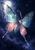 Imaginary moth with luminous blue, coral, and lilac wings hovering before a bright moon in a starry midnight-blue sky.