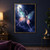 Imaginary moth with luminous blue, coral, and lilac wings hovering before a bright moon in a starry midnight-blue sky.; frame shown for styling only