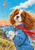 Chestnut-and-white spaniel in a blue jacket and red scarf on a coastal bluff beneath a diamond kite.