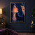 Close-up profile of a woman looking at a tiny yellow faceted star held between her fingers against a dark blue background with a teal arc.; frame shown for styling only