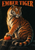Poster illustration of a seated orange-and-black tiger looking back, with one paw on a bright orange-red fruit atop a dark rocky ledge.