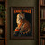 Poster illustration of a seated orange-and-black tiger looking back, with one paw on a bright orange-red fruit atop a dark rocky ledge.; frame shown for styling only
