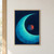 Luminous turquoise crescent curving around a partly blue-shadowed vermilion disc against a deep navy field.; frame shown for styling only