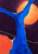 Textured cobalt branching shape crossing an apricot-orange disc, with coral areas and a broken lime line on a dark aubergine ground.