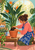 An adult woman in a patterned cobalt apron kneels to tend a flowering bird-of-paradise plant in a bright sunroom.