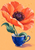 A large coral-orange poppy grows above a cobalt teacup against an apricot ground, with green leaves and floating flecks.