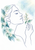 Midnight-blue profile holding a small flowering sprig near the nose, surrounded by translucent blue-green leaves and white blossoms.