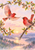 Two red and rose-colored songbirds, one flying and one perched, among flowering branches above a hazy river and hills.