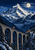 Snow-covered alpine mountain beneath a bright moon, with a stone viaduct, cable car, and illuminated station.