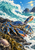 A blue-and-orange crab stands on a rocky shore beneath a curling turquoise wave, with foam, seaweed, a shell, distant headlands, and sun.