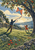 Adult and child reaching toward a red-and-blue patchwork kite beneath a fruit-laden tree in a flower-filled meadow.