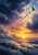 Dark birds rise diagonally through a bright golden opening in layered indigo and violet storm clouds above the horizon.