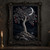 A fantasy tree with a pale bone-like trunk, silver leaves, red berries, rocky roots, and a crescent moon.; frame shown for styling only