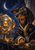 A black-and-tan dachshund in ornate blue and gold robes sits beside a brass armillary sphere under a crescent moon and stars.