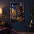 A black-and-tan dachshund in ornate blue and gold robes sits beside a brass armillary sphere under a crescent moon and stars.; frame shown for styling only