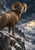 Bighorn sheep with curled horns standing on snowy rock, with distant alpine peaks and storm clouds behind it.